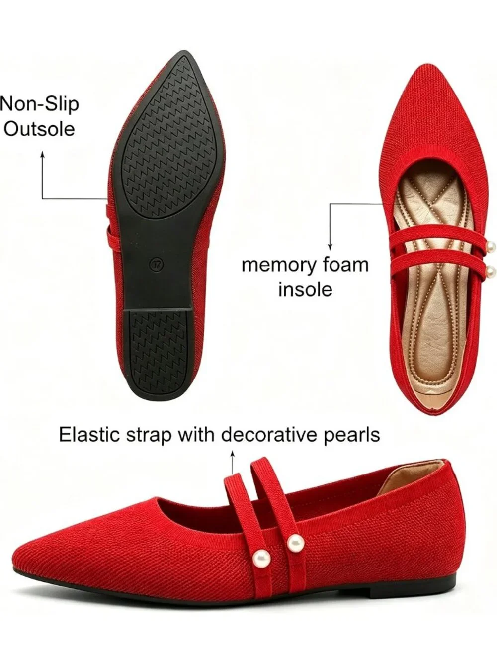 Women's Red Rubber Knit Pointed Toe Double Strap Ballet Flat Breathable Shoes